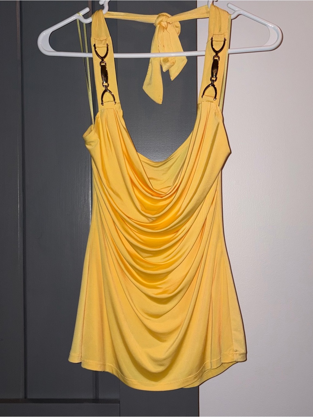 Cache Yellow Draped Halter Tank with Gold-Tone Hardware